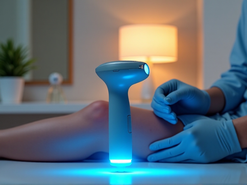 A handheld localized cryotherapy device with a sleek, ergonomic design. The device emits a fine, cold mist directed at a person's knee, which is slightly red and swollen. The background shows a clean, well-organized treatment room with soft, natural lighting.