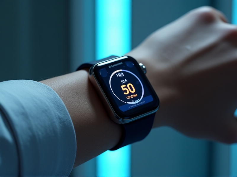 A close-up of a sleek, high-tech wearable device on a patient’s wrist, displaying real-time health metrics. The device has a minimalist design with a digital screen showing heart rate and temperature data. Keywords: wearable technology, AI, health monitoring, cryotherapy.