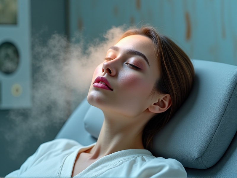 A close-up of a woman receiving a cryotherapy facial treatment. Her face is surrounded by a mist of cold vapor, with a serene expression. The image highlights the cooling effect of the treatment, with soft, diffused lighting emphasizing the rejuvenating process.