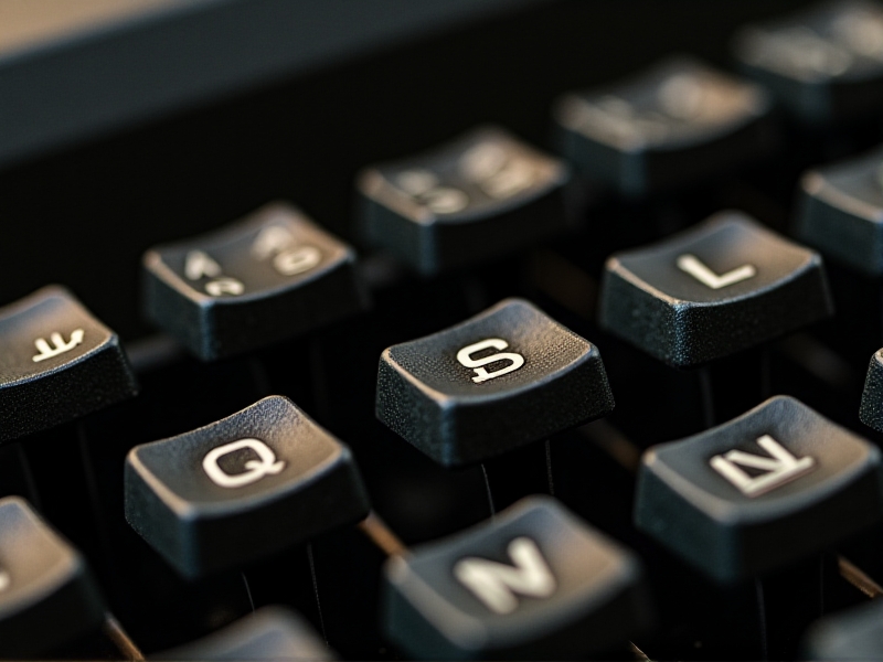 A close-up of vintage typewriter keycaps with a matte black finish, featuring white sans-serif legends, arranged in a QWERTY layout on a polished metal base.