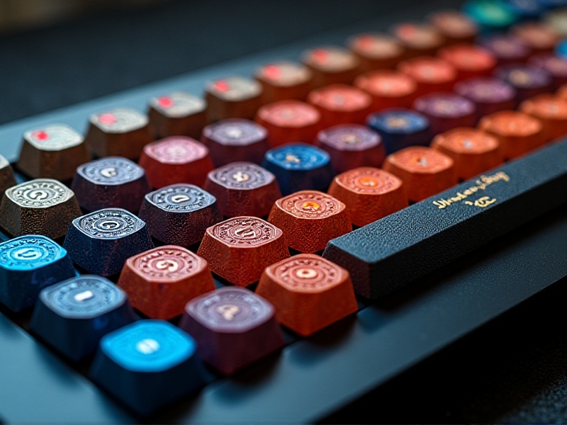 A vibrant array of 3D-printed typewriter keycaps in various colors and designs, including geometric patterns and custom logos, displayed on a sleek black background with soft studio lighting, showcasing the versatility and creativity of 3D printing technology.
