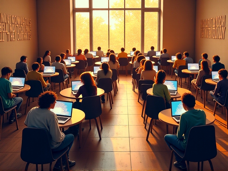 A diverse group of participants of all ages typing on laptops in a cozy, well-lit room, with large windows letting in natural light, and motivational quotes about typing and charity displayed on the walls.