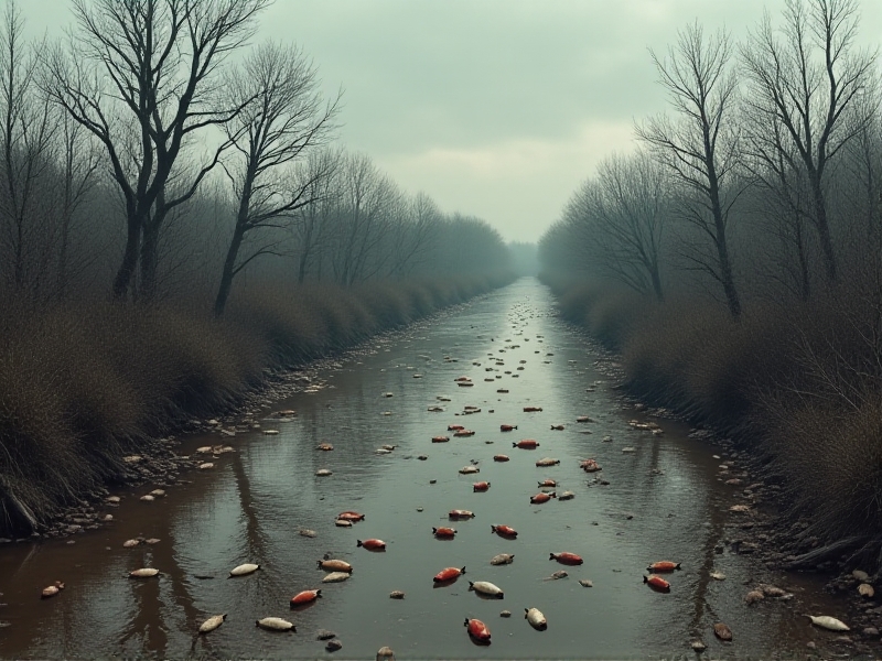 A polluted river with murky brown water and dead fish floating on the surface, surrounded by barren trees under a cloudy sky, illustrating the devastating effects of improper waste disposal.