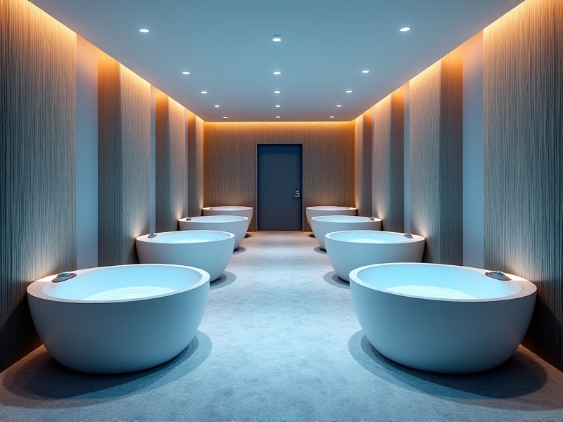 A modern wellness center with multiple IoT-connected float tanks arranged in a serene, spa-like environment. Staff members are monitoring the tanks via a central control panel, while soft music and ambient lighting create a relaxing atmosphere.